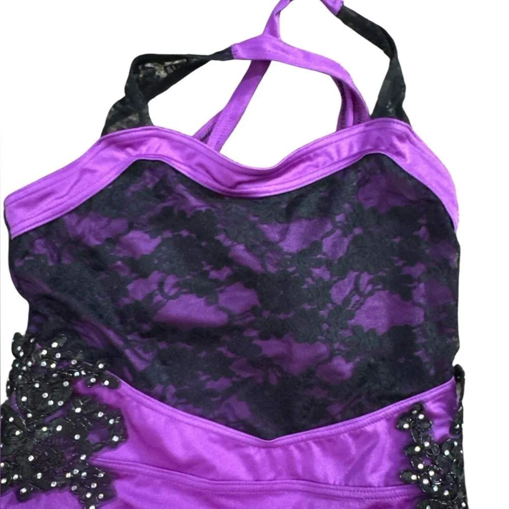 Weissman XLC XL Child’s Purple and Black Lace Dance Dress with Built in Shorts